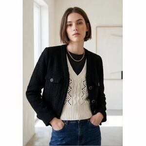 Suncoo Paris Dina Black Tweed Bouclé Jacket Size Small Preppy Chic Old money